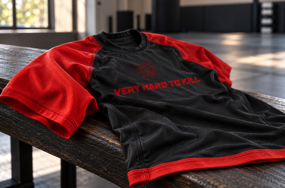 VHTK black and red ranked rash guard draped over a gym bench.