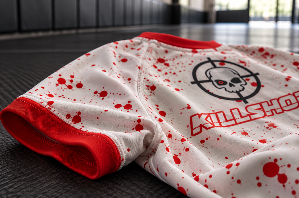 Close-up of VHTK Killshot rash guard on a BJJ mat, showing red sleeve trim, panel stitching and red splatter artwork.