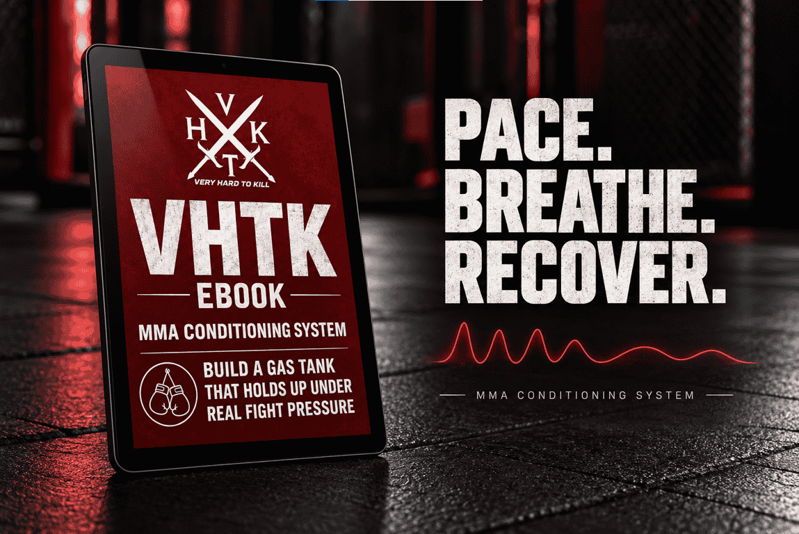 VHTK MMA Conditioning System ebook displayed on a tablet beside “Pace. Breathe. Recover.” text against a dark gym background.