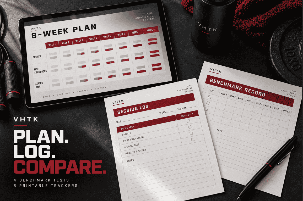 VHTK MMA Conditioning System concept showing an eight week schedule on a tablet beside training logs and a benchmark record.