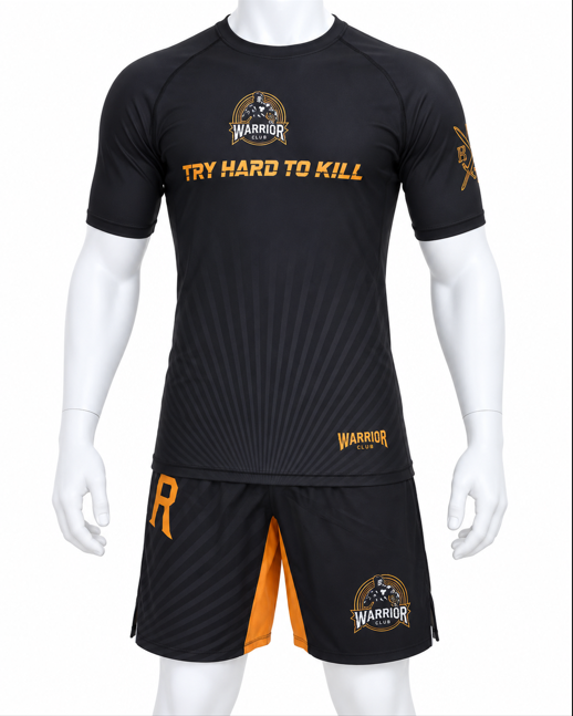 White mannequin wearing a black and gold VHTK Warrior Club rash guard and matching no-gi grappling shorts.