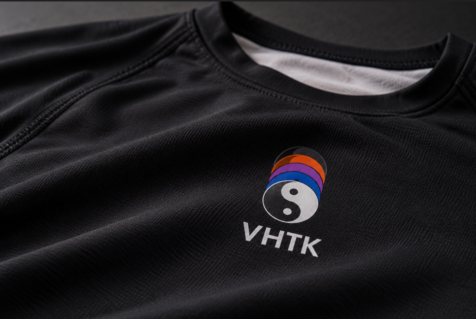 Close-up of VHTK Yin Yang Black rash guard fabric showing its texture, chest artwork and neckline stitching.