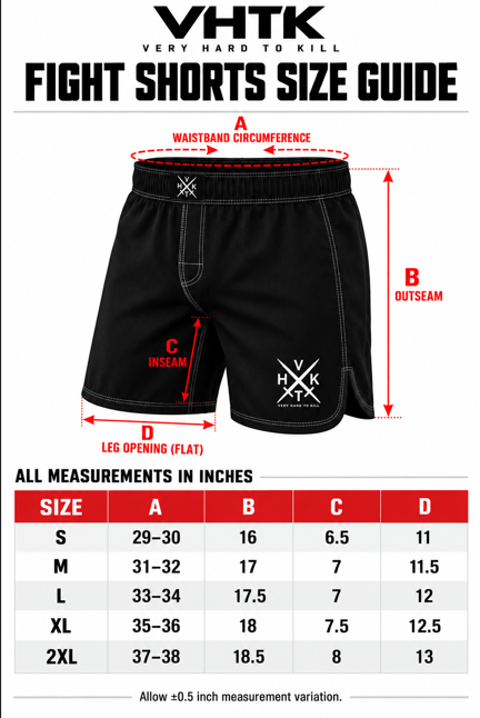 VHTK Grappling Shorts Size Chart